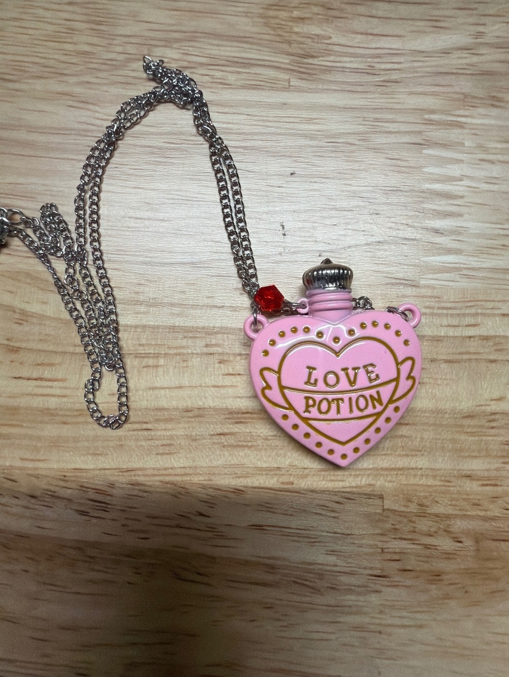 Cute Pink Heart Love Potion Necklace with Silver Chain and Red Bead Charm nwot